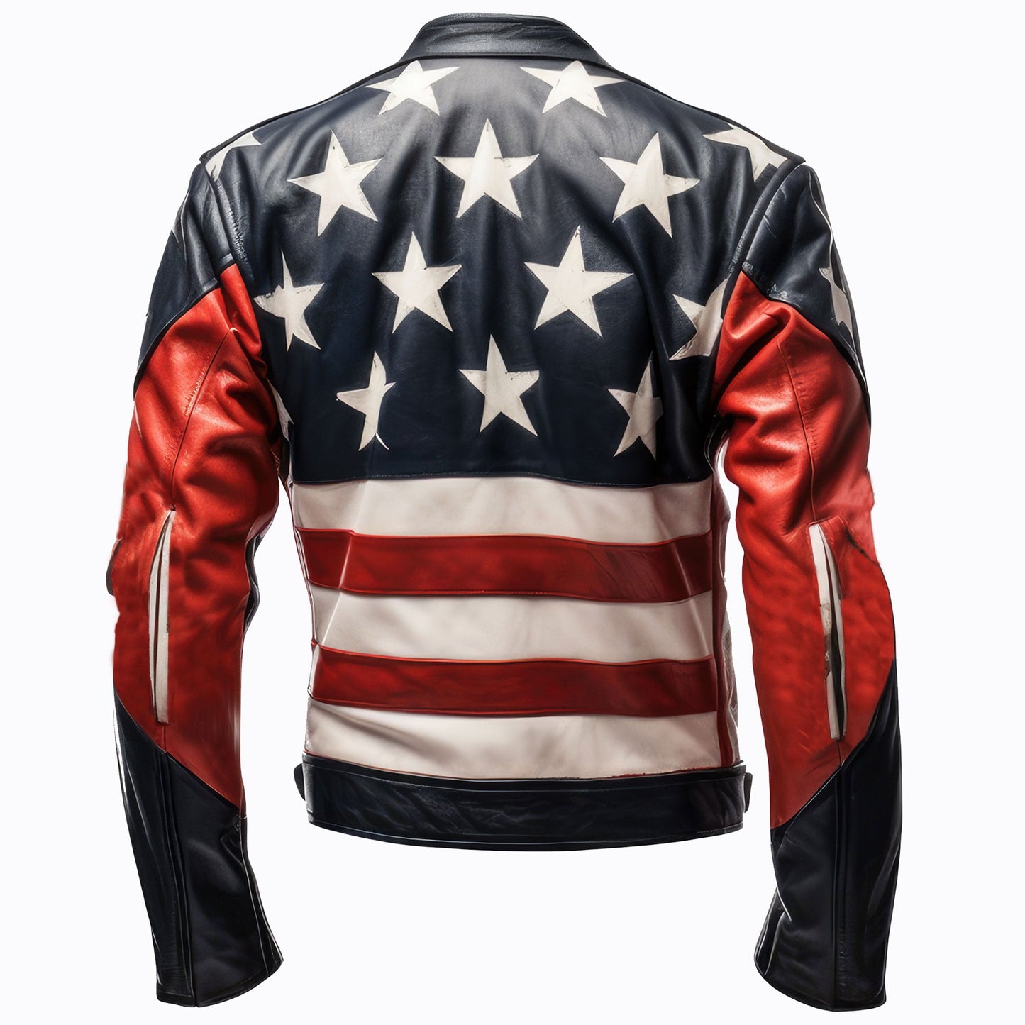 Mens Inspired by American Flag Casual Motorcycle Zipper Coat With USA Flag Red Blue and White Genuine Leather Jackets