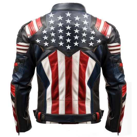 Mens Leather Jacket Inspired by American Flag USA Casual Motorcycle Zipper Coat With USA Flag Stitched Genuine Leather Jackets